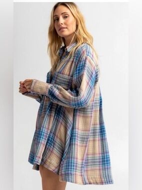Free People The Voyage Oversized Shirtdress Tunic Plaid size XS fits up to XL